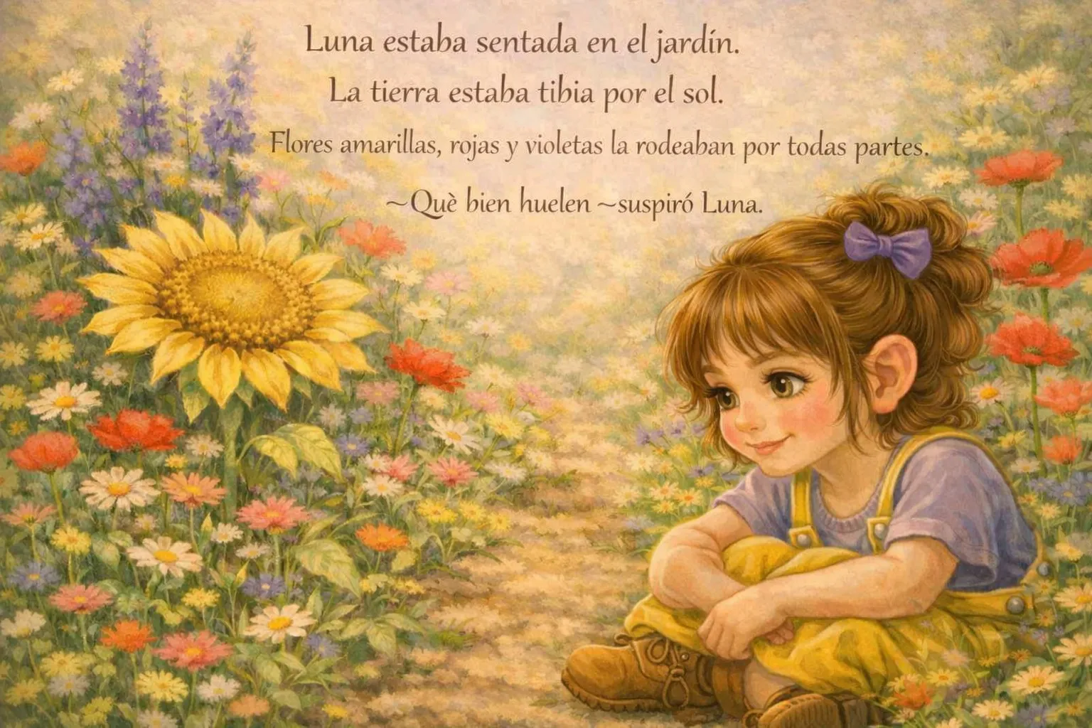 Luna estaba sentada en el jardín. La tierra estaba tibia por el sol. Flores amarillas, rojas y violetas la rodeaban por todas partes. Què bien huelen, suspiró Luna.