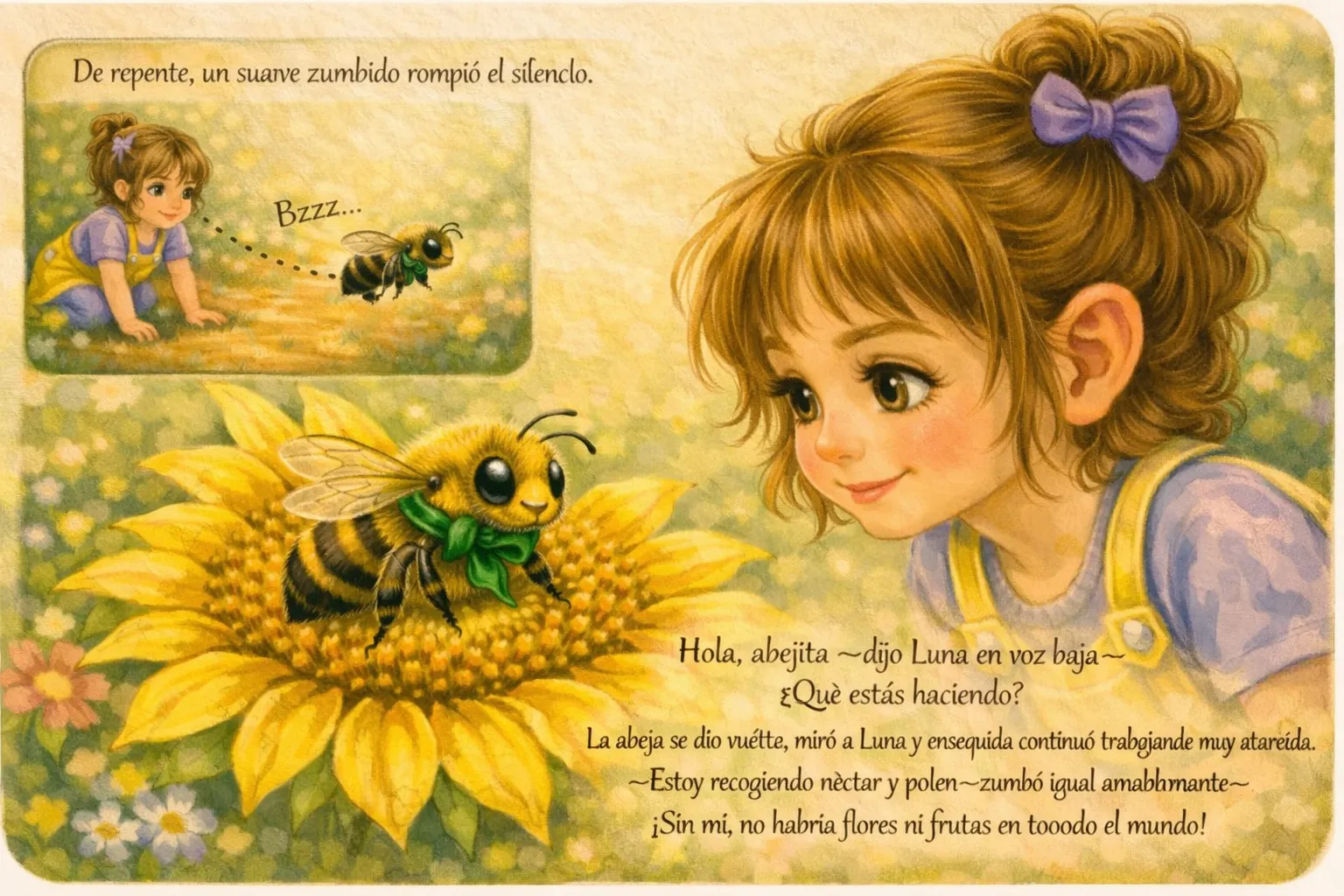 De repente, un suave zumbido rompió el silenclo. Bzzz... Hola, abejita, dijo Luna en voz baja. ¿Què estás haciendo? La abeja se dio vuétte, miró a Luna y ensequida continuó trabgjande muy atareida. Estoy recogiendo nèctar y polen, zumbó igual amabhmante. ¡Sin mi, no habria flores ni frutas en tooodo el mundo!