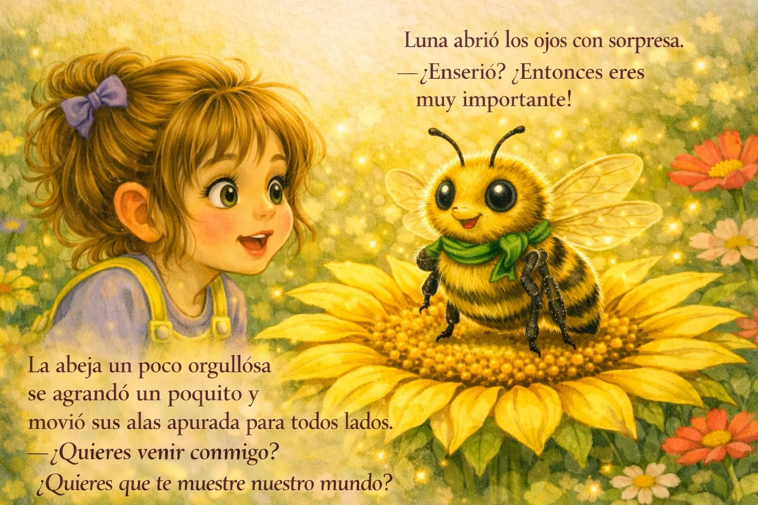 Luna abrió los ojos con sorpresa. ¿Enserió? ¿Entonces eres muy importante! La abeja un poco orgullósa se agrandó un poquito y movió sus alas apurada para todos lados. ¿Quieres venir conmigo? ¿Quieres que te muestre nuestro mundo?