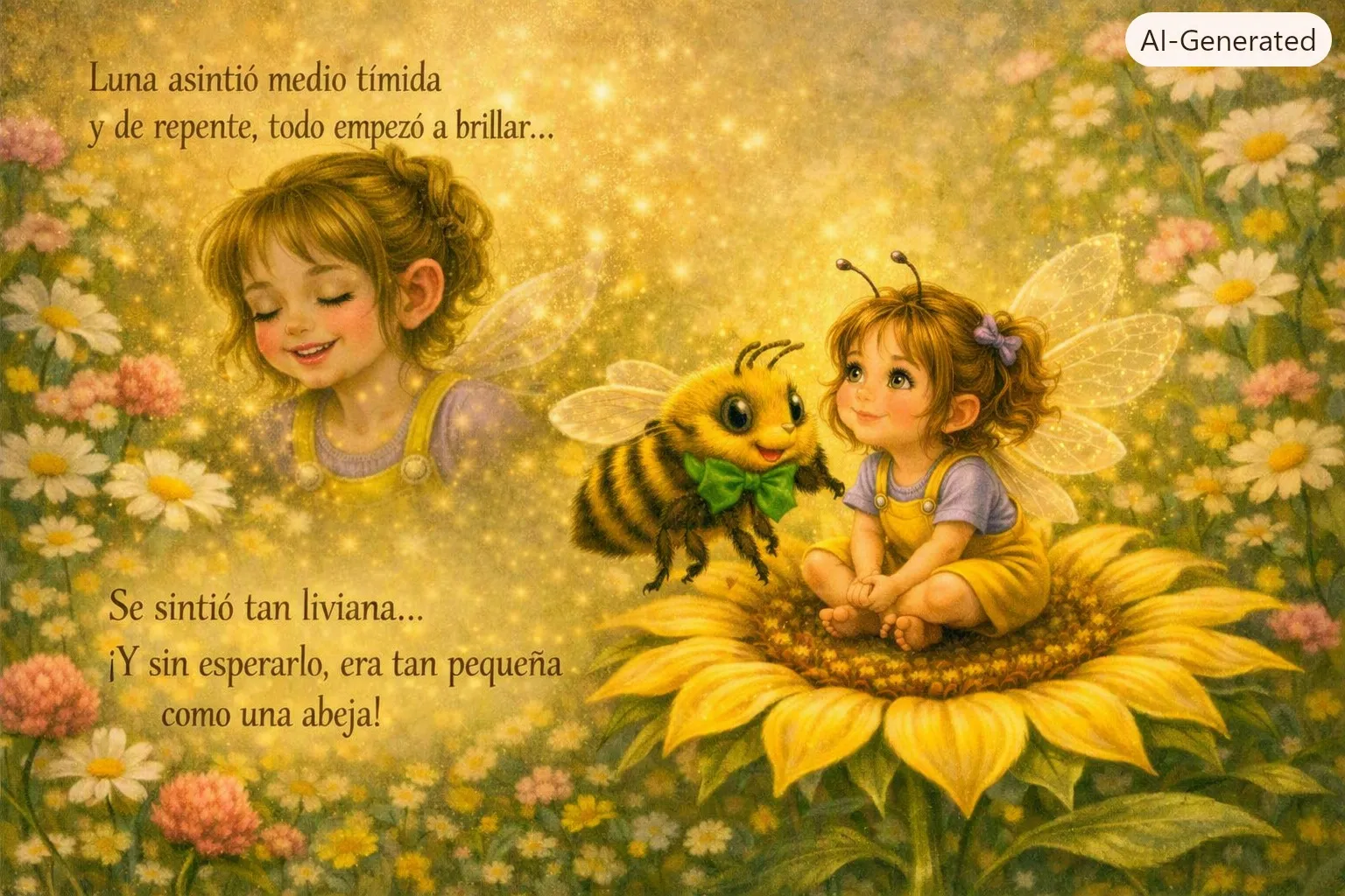 Luna asintió medio tímida y de repente, todo empezó a brillar... Se sintió tan liviana... ¡Y sin esperarlo, era tan pequeña como una abeja!