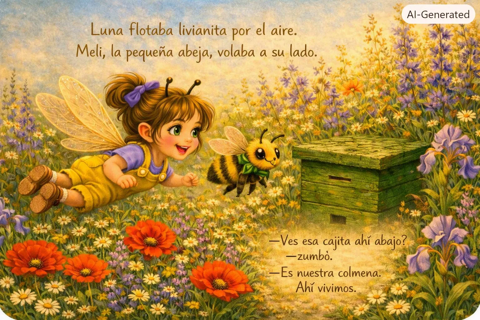 Luna flotaba livianita por el aire. Meli, la pequeña abeja, volaba a su lado. ¿Ves esa cajita ahí abajo? zumbò. Es nuestra colmena. Ahí vivimos.