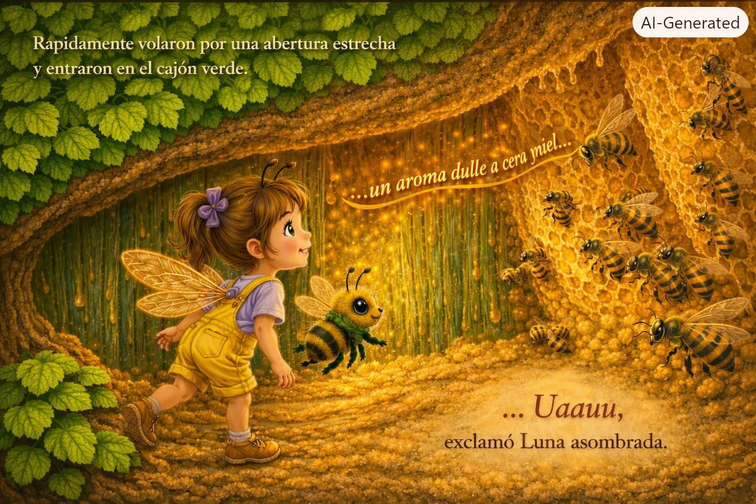 Rapidamente volaron por una abertura estrecha y entraron en el cajón verde. ...un aroma dulle a cera y miel... Uaauu, exclamó Luna asombrada.