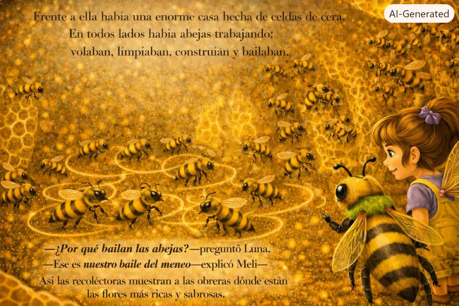 Frente a ella había una enorme casa hecha de celdas de cera. En todos lados habia abejas trabajando: volaban, límpiaban, construíàn y bailaban. ¿Por qué bailan las abejas? preguntô Luna. Ese es nuestro baile del meneo, explicó Meli. Asi las recoléctoras muestran a las obreras dônde están las flores más ricas y sabrosas.