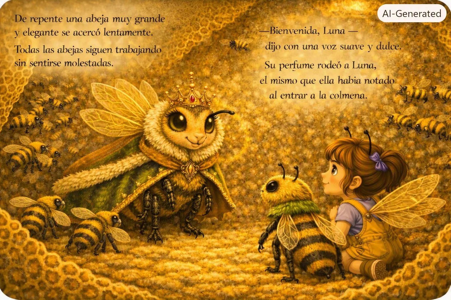 De repente una abeja muy grande y elegante se acercó lentamente. Todas las abejas siguen trabajando sin sentirse molestadas. Bienvenida, Luna, dijo con una voz suave y dulce. Su perfume rodeǒ a Luna, el mismo que ella habia notado al entrar a la colmena.